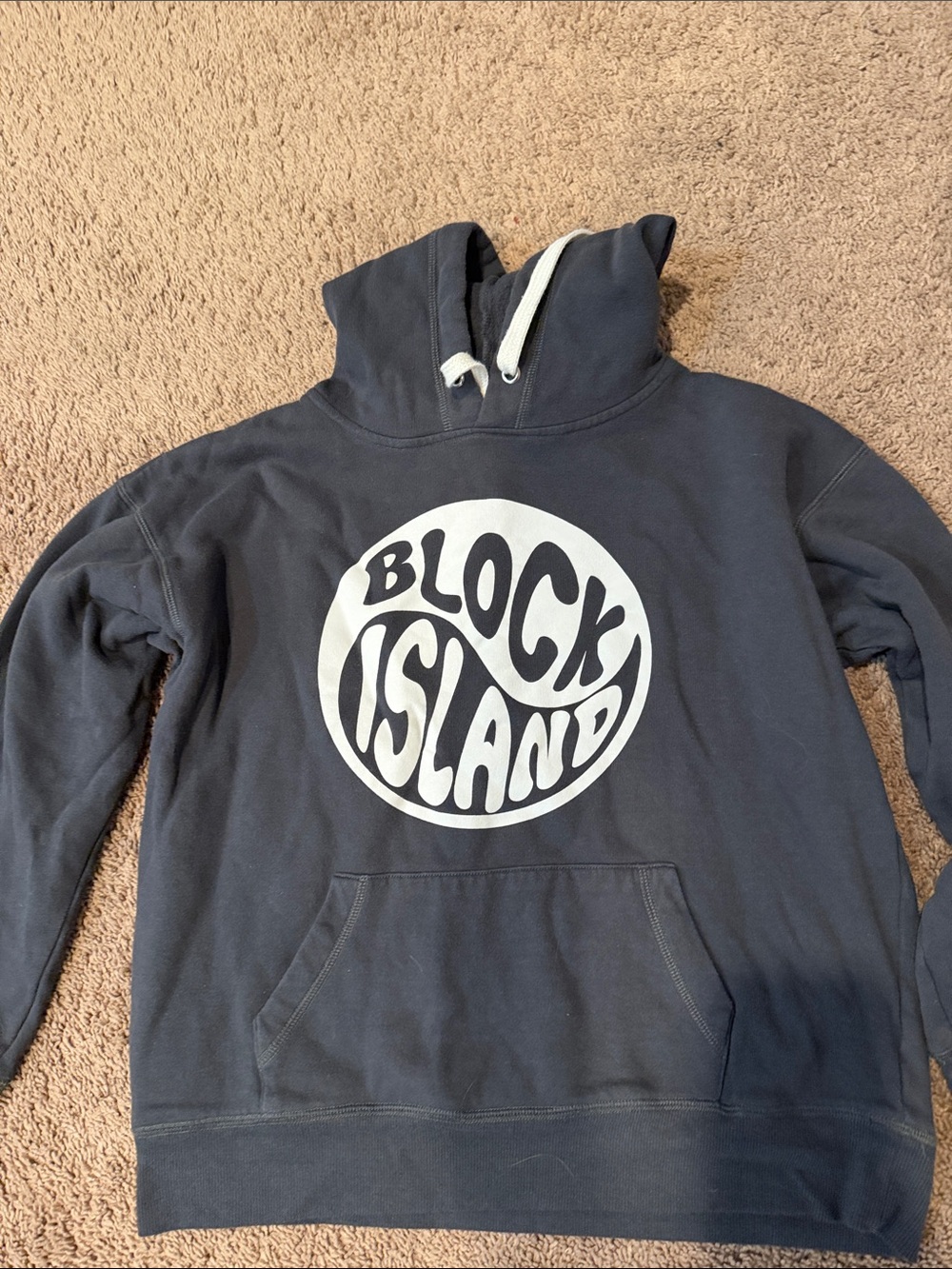 Ocean Drive Navy Hoodie with White Block Island Graphic